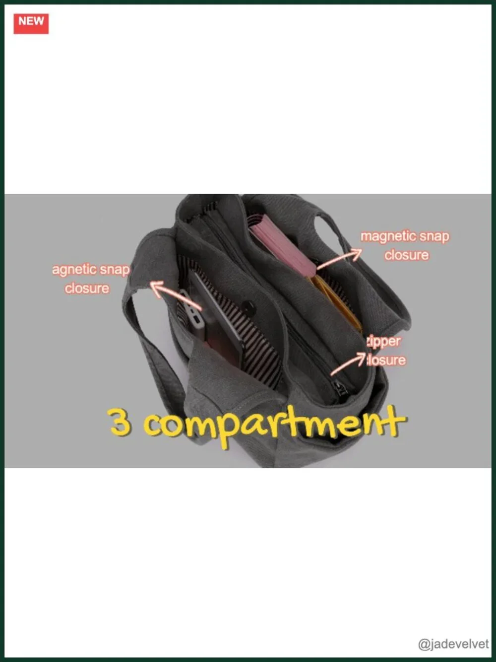 Canvas Hobo Shoulder Bag with 3 Compartments Daily Tote